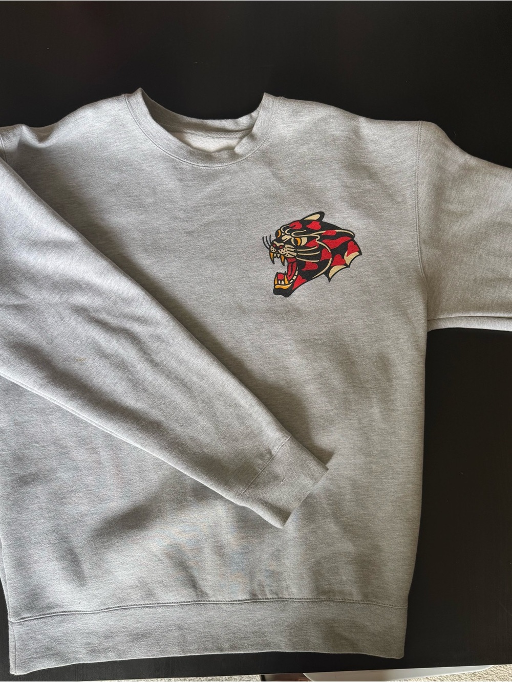 Men's Gray Crewneck Sweatshirt with Red Panther Emblem
